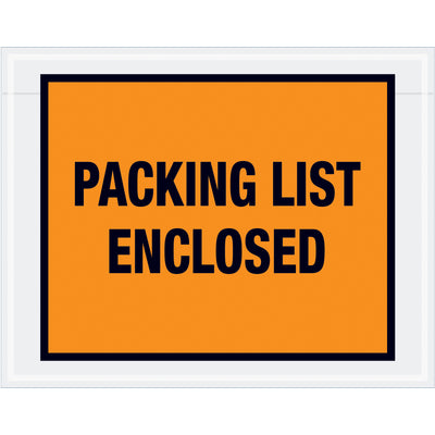 Professional-grade orange packing list enclosed envelopes designed for shipping managers who need reliable document protection. Pre-printed full-face messaging on heavy 2 mil poly with hot melt adhesive backing ensures secure attachment to corrugated boxes and paper shipments. Ships 1000 envelopes per case.