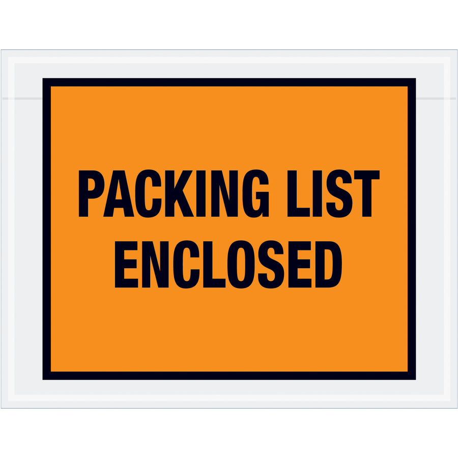 Professional-grade orange packing list enclosed envelopes designed for shipping managers who need reliable document protection. Pre-printed full-face messaging on heavy 2 mil poly with hot melt adhesive backing ensures secure attachment to corrugated boxes and paper shipments. Ships 1000 envelopes per case.
