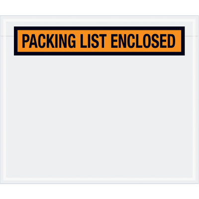 Orange packing list envelopes keep shipping documents protected and organized. Pre-printed "Packing List Enclosed" messaging on durable 2 mil poly with hot melt adhesive backing for secure adhesion to corrugated boxes and paper products. Order by the case of 1000.
