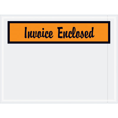 Pre-printed "Invoice Enclosed" envelopes designed for industrial shipping and packing list protection. 4.5" x 6" adhesive-backed poly envelopes in bright orange for maximum visibility. Each case contains 1,000 durable 2 mil poly envelopes–cost-effective document protection for high-volume shippers.