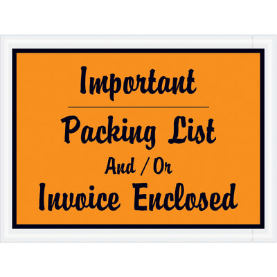 Keep shipping documents secure with these 4.5x6 orange packing list envelopes. Pre-printed "Important Packing List And/Or Invoice Enclosed" messaging ensures proper handling at every destination. 2 mil durable poly material, 1000 envelopes per case.