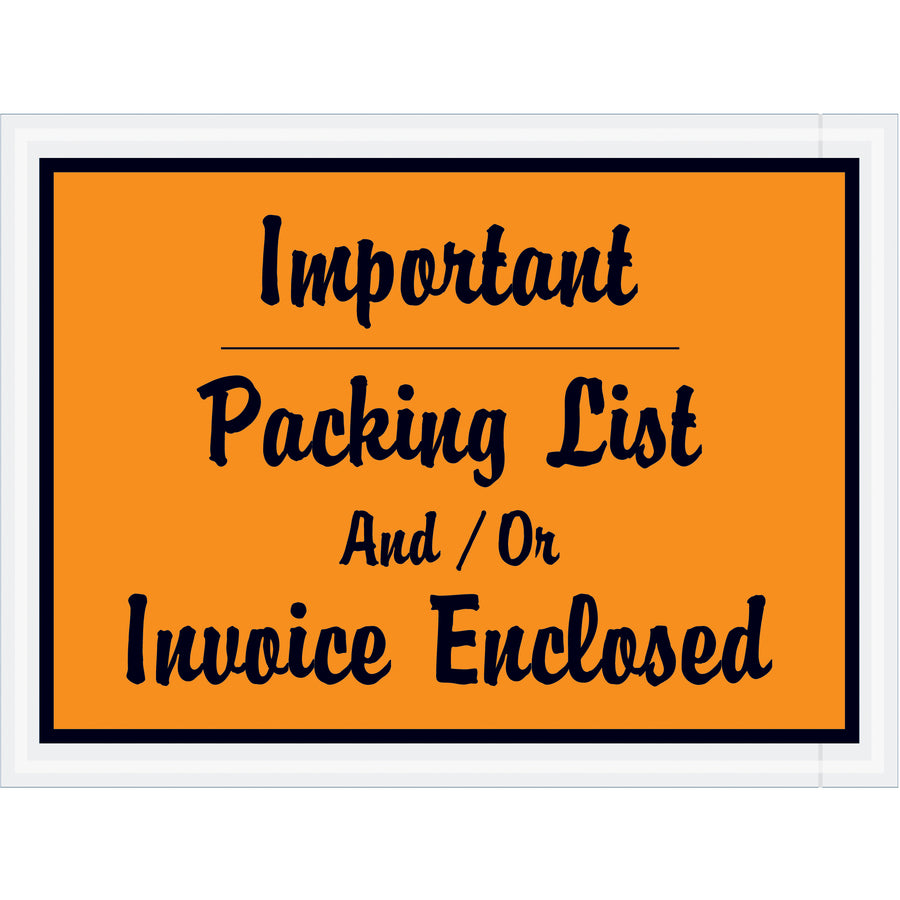 Keep shipping documents secure with these 4.5x6 orange packing list envelopes. Pre-printed "Important Packing List And/Or Invoice Enclosed" messaging ensures proper handling at every destination. 2 mil durable poly material, 1000 envelopes per case.