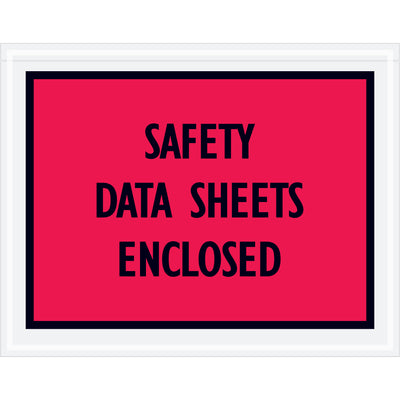 Heavy-duty 2 mil polyethylene SDS envelopes with pre-printed safety data sheet messaging. 7" x 5.5" red envelopes feature adhesive backing to secure to shipments, pallets, or documentation. Case of 1000 envelopes reduces regulatory risk and improves shipping compliance.