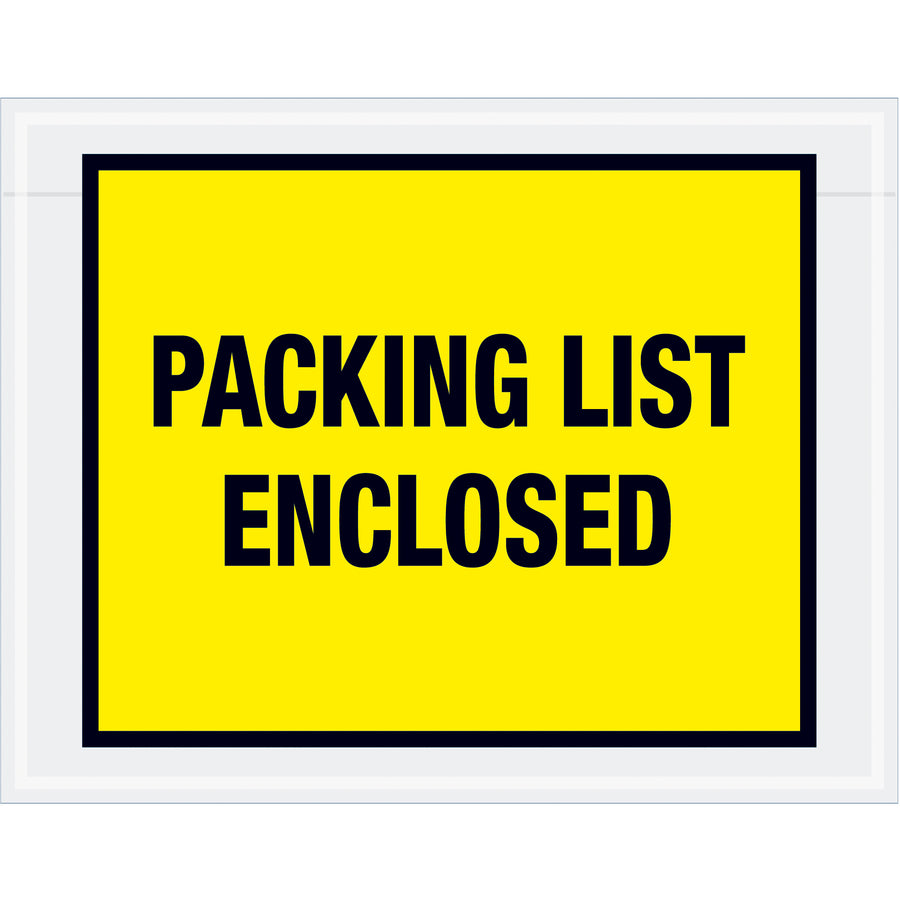 Pre-printed "Packing List Enclosed" envelopes designed for shipping managers who need fast, reliable document protection. 7" x 5.5" yellow poly construction with industrial-strength hot melt adhesive ensures secure attachment to corrugated boxes and paper surfaces. 1,000 envelopes per case.