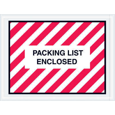 Protect shipping documents with professional pre-printed packing list envelopes. Heavy 2 mil poly construction with bold red/white stripes and hot melt adhesive backing ensures reliable document protection and easy identification during fulfillment. Case of 1000 envelopes sized 4.5" x 6".