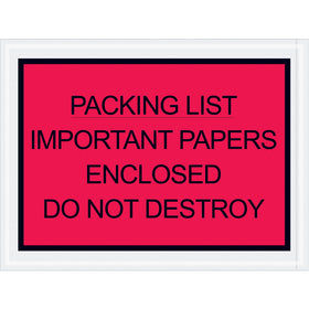 Secure important documents during transit with these red 4.5x6 packing list envelopes. Made from durable 2 mil polyethylene with reliable adhesive backing, this case of 1000 envelopes meets shipping compliance requirements while protecting contents. Essential for e-commerce fulfillment, logistics, and warehouse operations.