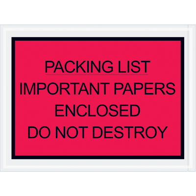 Secure important documents during transit with these red 4.5x6 packing list envelopes. Made from durable 2 mil polyethylene with reliable adhesive backing, this case of 1000 envelopes meets shipping compliance requirements while protecting contents. Essential for e-commerce fulfillment, logistics, and warehouse operations.