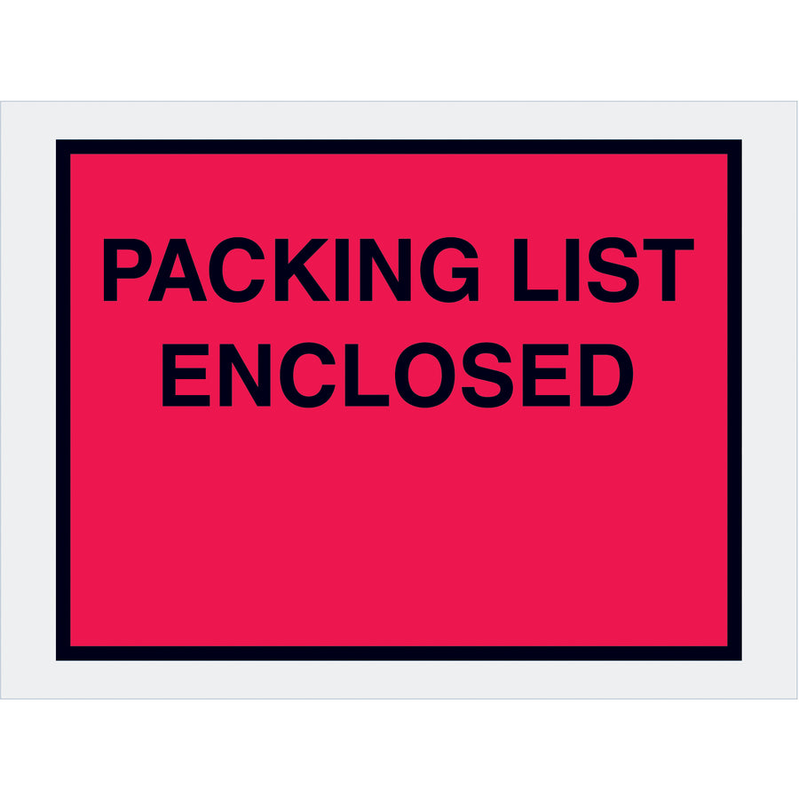 Full-face red packing list envelopes with bold pre-printed messaging and heavy 2 mil poly construction. Hot melt adhesive backing bonds instantly to paper and corrugated boxes. Case of 1000 envelopes sized 4.5" x 6" for efficient fulfillment operations.