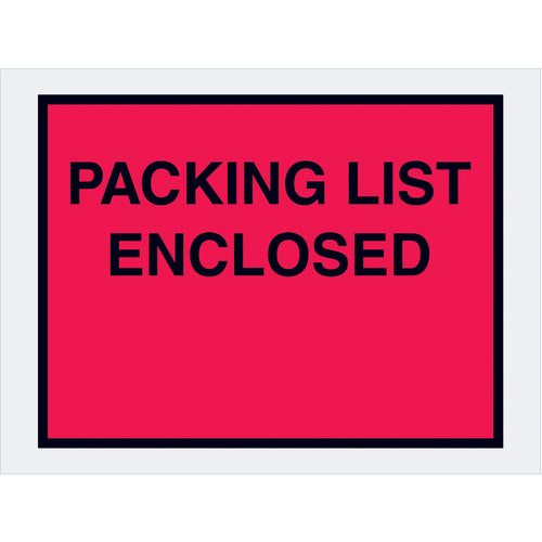 Full-face red packing list envelopes with bold pre-printed messaging and heavy 2 mil poly construction. Hot melt adhesive backing bonds instantly to paper and corrugated boxes. Case of 1000 envelopes sized 4.5
