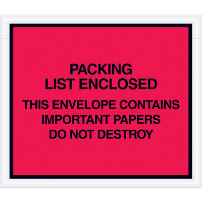 Protect critical documents during transit with these 7x6" red Important Papers Enclosed envelopes. Made from durable 2 mil poly with pressure-sensitive adhesive backing, they adhere securely to packages while remaining easy to apply. One case contains 1,000 envelopes–the efficient choice for high-volume shipping operations.