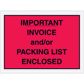 Protect critical shipping documents with pre-printed "Important Invoice and/or Packing List Enclosed" messaging. These 4.5" x 6" red poly envelopes (2 mil) keep invoices visible and secure throughout the fulfillment process. Sold in cases of 1,000 for high-volume shipping operations.