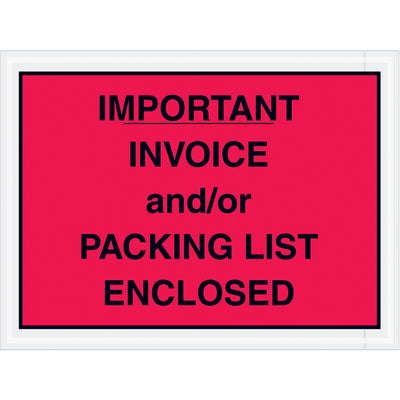 Protect critical shipping documents with pre-printed "Important Invoice and/or Packing List Enclosed" messaging. These 4.5" x 6" red poly envelopes (2 mil) keep invoices visible and secure throughout the fulfillment process. Sold in cases of 1,000 for high-volume shipping operations.