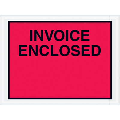 Pre-printed "Invoice Enclosed" red poly envelopes protect your shipping documents and ensure packing list compliance. 4.5" x 6" adhesive-backed design in durable 2 mil material. Case of 1000 units keeps your packaging costs low and your workflow efficient.