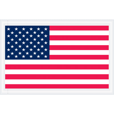 Professional 5.25" x 8" packing list envelopes made from durable 2 mil poly with patriotic USA flag printing. Heavy-duty hot melt adhesive backing bonds securely to paper and corrugated boxes. Ships in bulk case of 1,000 units for cost-efficient operations.