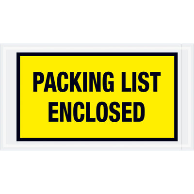 Pre-printed yellow packing list enclosed envelopes designed for fulfillment managers who need reliable document protection during shipping. Features durable 2 mil poly construction with hot melt adhesive backing for secure attachment to corrugated and paper surfaces. Full-face design with bold "Packing List Enclosed" messaging–1,000 envelopes per case.