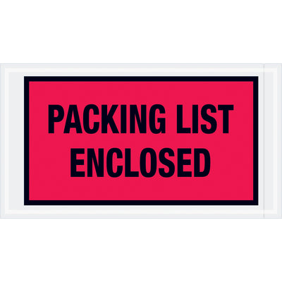 Pre-printed red "Packing List Enclosed" envelopes protect shipping documents with strong hot melt adhesive backing. Heavy 2 mil poly construction measures 5.5" x 10" and ships as a case of 1,000 envelopes. Full-face design ensures visibility and compliance for every shipment.