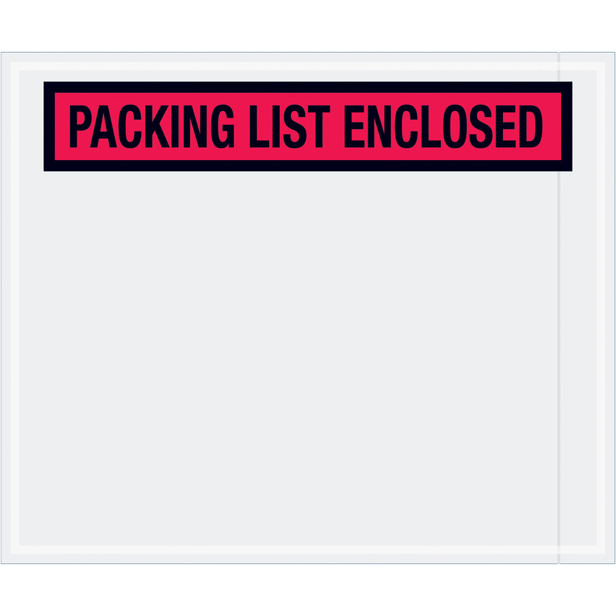 Pre-printed red packing list envelopes keep shipping documents safe and organized. 10" x 12" panel face design with bold "Packing List Enclosed" messaging. Heavy-duty 2 Mil polyethylene with hot melt adhesive backing ensures reliable adhesion to corrugated boxes and paper surfaces. Ships as case of 500.