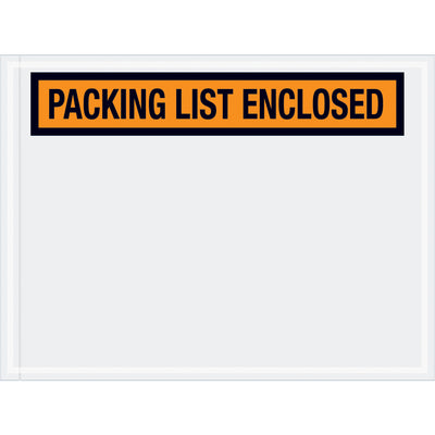 Orange "Packing List Enclosed" envelopes designed for shipping managers who need reliable document protection. Heavy 2 mil poly construction with hot melt adhesive backing ensures secure attachment to packages and corrugated boxes. Pre-printed messaging eliminates manual labeling‚1,000 envelopes per case.