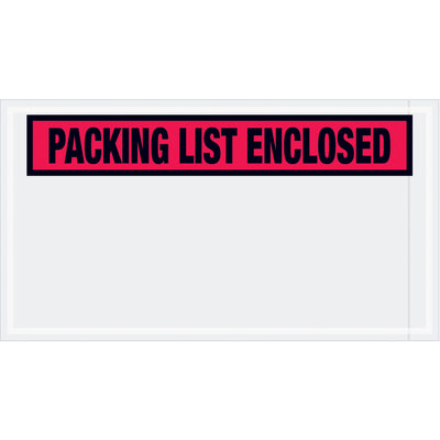 Pre-printed red "Packing List Enclosed" envelopes designed for shipping managers who need reliable document protection and fast fulfillment processing. Heavy 2 Mil poly construction with hot melt adhesive backing adheres securely to corrugated boxes and paper. 5.5x10" panel face envelopes sold in cases of 1000 for high-volume operations.