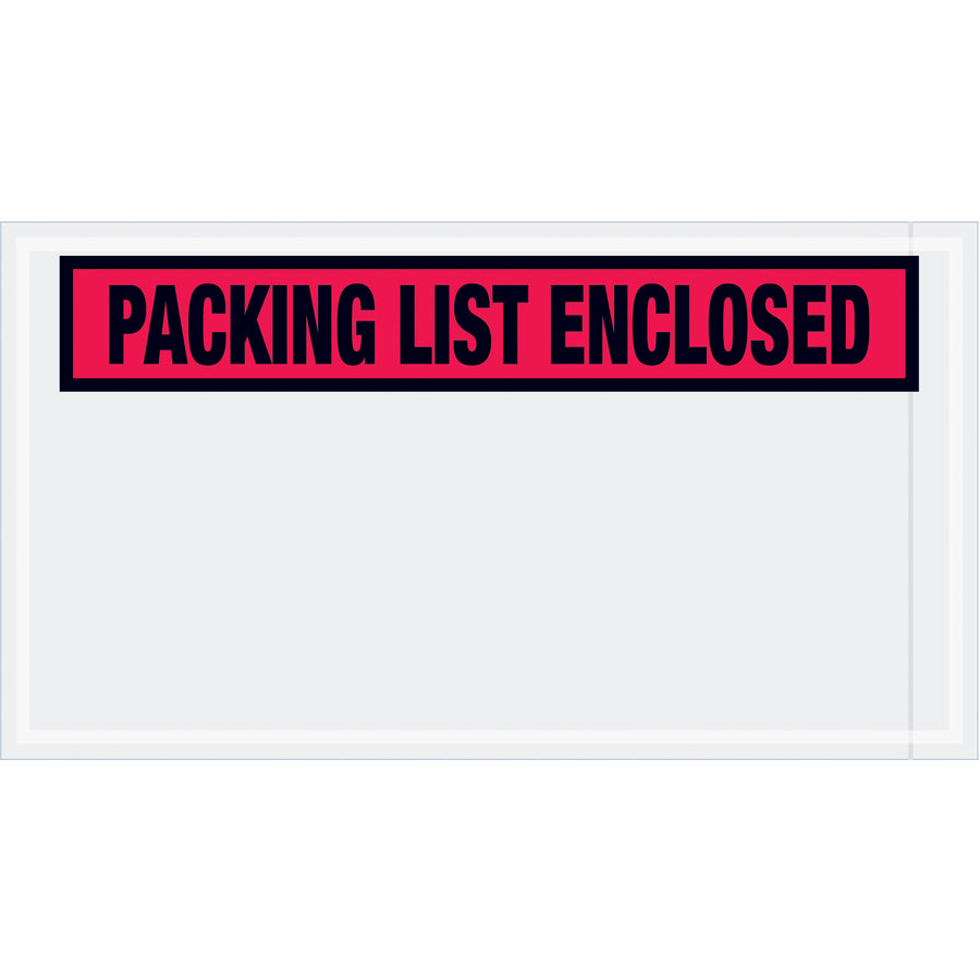 Pre-printed red "Packing List Enclosed" envelopes designed for shipping managers who need reliable document protection and fast fulfillment processing. Heavy 2 Mil poly construction with hot melt adhesive backing adheres securely to corrugated boxes and paper. 5.5x10" panel face envelopes sold in cases of 1000 for high-volume operations.