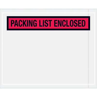 Professional red "Packing List Enclosed" envelopes protect shipping documents with strong hot melt adhesive backing. Heavy 2 mil poly construction ensures durability through the supply chain. Panel face design and pre-printed messaging eliminate manual labeling–ship smarter with 1,000 envelopes per case.