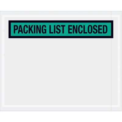 Pre-printed "Packing List Enclosed" envelopes designed for shipping managers who need document protection and fast fulfillment processing. Made from durable 2 mil polyethylene with hot melt adhesive backing that bonds securely to paper and corrugated surfaces. Case of 1,000 envelopes (4.5" x 5.5") in professional green with panel face design.