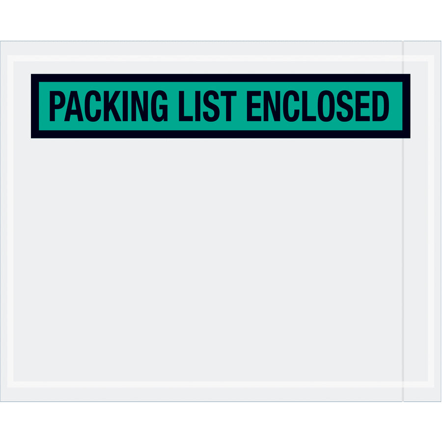 Pre-printed "Packing List Enclosed" envelopes designed for shipping managers who need document protection and fast fulfillment processing. Made from durable 2 mil polyethylene with hot melt adhesive backing that bonds securely to paper and corrugated surfaces. Case of 1,000 envelopes (4.5" x 5.5") in professional green with panel face design.