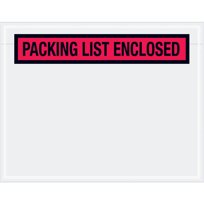 Pre-printed "Packing List Enclosed" envelopes in durable 2 mil poly with hot melt adhesive backing for reliable document protection during shipping. Red 7" x 5 1/2" panel face envelopes provide secure adhesion to corrugated and paper surfaces. Ships as case of 1000.
