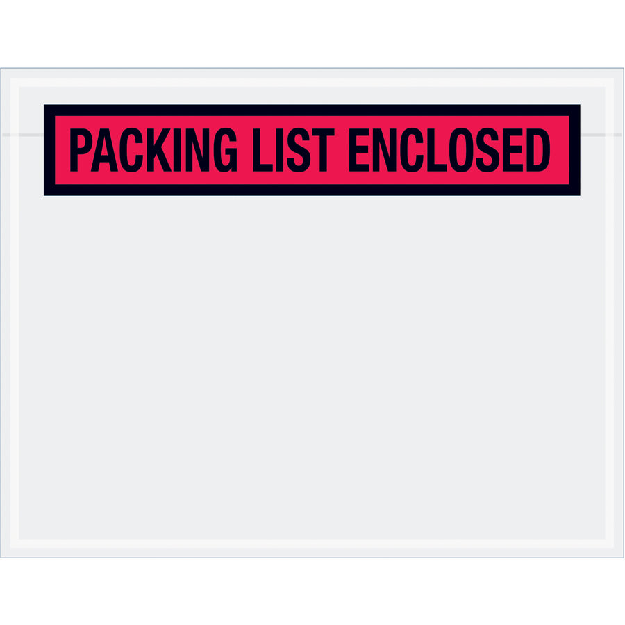 Pre-printed "Packing List Enclosed" envelopes in durable 2 mil poly with hot melt adhesive backing for reliable document protection during shipping. Red 7" x 5 1/2" panel face envelopes provide secure adhesion to corrugated and paper surfaces. Ships as case of 1000.