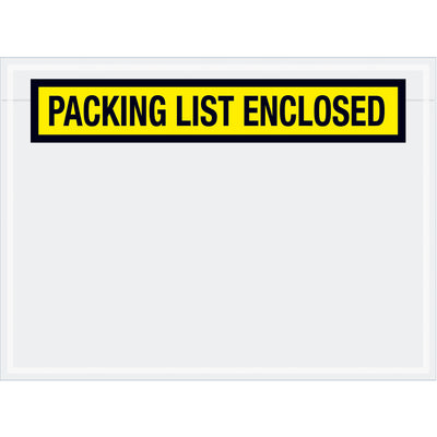 Heavy-duty 2 mil poly packing list enclosed envelopes protect critical shipping documents from moisture and damage during transit. Pre-printed yellow design, 6 3/4" x 5" top-loading format, 1000 per case. Essential for fulfillment operations requiring document security and quick identification.