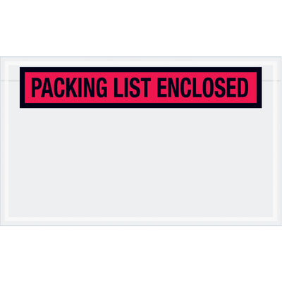 Pre-printed "Packing List Enclosed" envelopes in bright red 2 mil poly protect critical shipping documents with reliable hot melt adhesive. Sized 4.5" √ó 7.5" and sold by the case of 1,000 for high-volume fulfillment operations. Panel-face design ensures clear visibility on corrugated boxes and paper-based shipments.