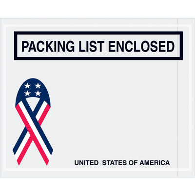 Heavy-duty 4.5x5.5" packing list envelopes with hot melt adhesive backing for secure document protection during shipping. Pre-printed with patriotic USA design on durable 2 mil polypropylene. Sold by the case (1000 envelopes) for maximum cost efficiency.