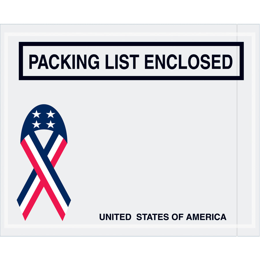 Heavy-duty 4.5x5.5" packing list envelopes with hot melt adhesive backing for secure document protection during shipping. Pre-printed with patriotic USA design on durable 2 mil polypropylene. Sold by the case (1000 envelopes) for maximum cost efficiency.