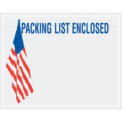 Keep shipping documents secure with these 7x5.5" packing list envelopes made from durable 2 mil poly. Pre-printed with patriotic USA Flag design and hot melt adhesive backing for reliable adhesion to corrugated boxes. Order by the case (1,000 units) and reduce per-unit costs while meeting shipping label requirements.