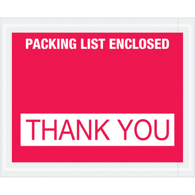 Protect shipping documents with adhesive-backed 2 mil poly packing list envelopes. Pre-printed "Packing List Enclosed - Thank You" design in red. 4.5" x 5.5" size holds miscellaneous documents securely. Sold by the case of 1,000 units.