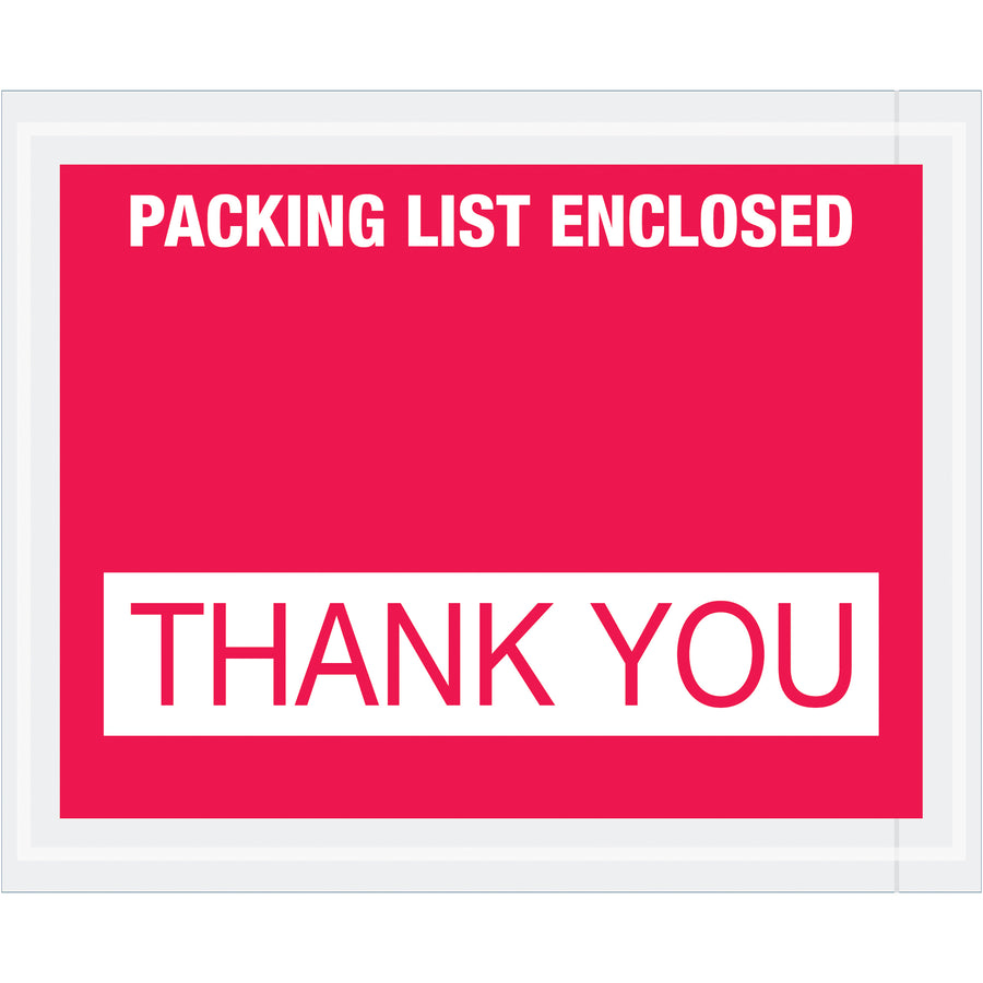 Protect shipping documents with adhesive-backed 2 mil poly packing list envelopes. Pre-printed "Packing List Enclosed - Thank You" design in red. 4.5" x 5.5" size holds miscellaneous documents securely. Sold by the case of 1,000 units.