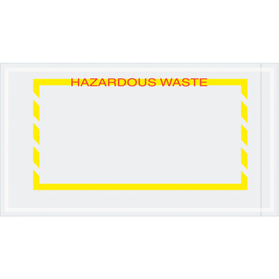Pre-printed yellow document envelopes designed for hazardous waste shipping compliance. Heavy 2 mil poly construction with hot melt adhesive backing securely adheres to corrugated boxes and paper surfaces. Ships 1,000 envelopes per case for cost-effective bulk ordering.