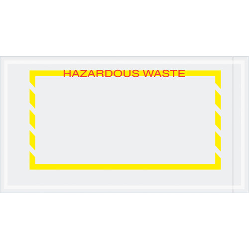 Pre-printed yellow document envelopes designed for hazardous waste shipping compliance. Heavy 2 mil poly construction with hot melt adhesive backing securely adheres to corrugated boxes and paper surfaces. Ships 1,000 envelopes per case for cost-effective bulk ordering.