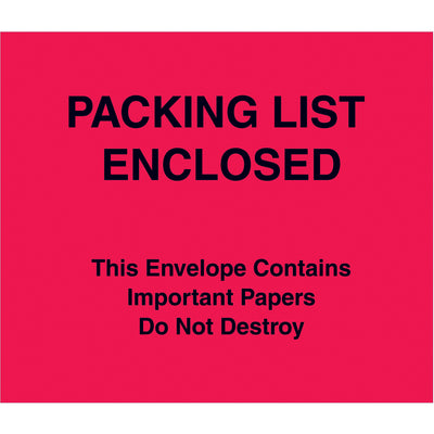 Protect critical documents and packing lists during shipment with these 7x6" red poly-faced envelopes. Each case contains 1,000 pre-adhesive backed envelopes that secure important papers directly to packages, ensuring compliance and visibility throughout transit.