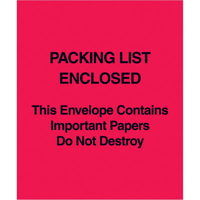 Secure important shipping documents with these 5x6" red packing list envelopes featuring adhesive backing and 2 mil poly construction. Each case contains 1,000 envelopes, providing reliable document protection and compliance-ready labeling. Designed for easy application directly to packages during fulfillment.