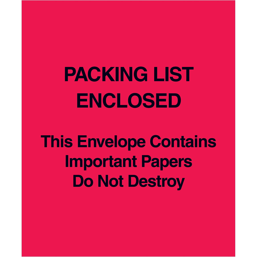 Secure important shipping documents with these 5x6" red packing list envelopes featuring adhesive backing and 2 mil poly construction. Each case contains 1,000 envelopes, providing reliable document protection and compliance-ready labeling. Designed for easy application directly to packages during fulfillment.