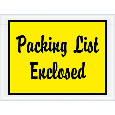 Full-face yellow packing list envelopes with pre-printed script messaging and hot melt adhesive backing for secure document protection during shipping. 4.5" x 6" size, heavy 2 mil poly construction. Sold by the case of 1,000 units.