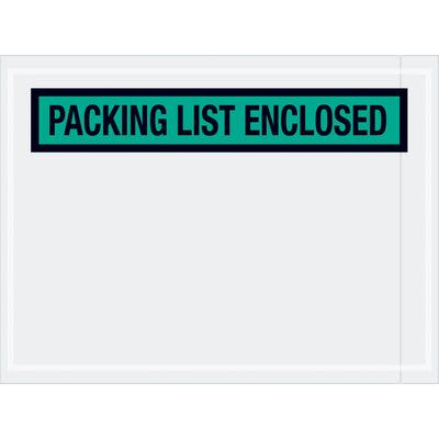 Pre-printed green "Packing List Enclosed" envelopes designed for shipping managers who need reliable document protection. 4.5" x 6" heavy-duty 2 mil poly with hot melt adhesive backing for superior adhesion to corrugated and paper surfaces. Order by the case of 1,000 and streamline your fulfillment process.