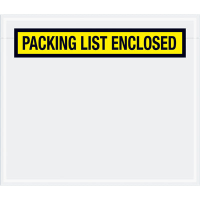 Keep packing lists protected and easily identifiable with these pre-printed 7" x 6" yellow packing list enclosed envelopes. Heavy 2 mil poly construction with hot melt adhesive backing ensures strong adhesion to corrugated boxes and paper. Order by the case of 1,000 units and streamline your fulfillment operations.