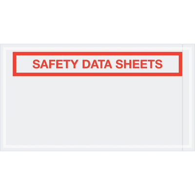 Heavy-duty 2 mil poly SDS envelopes with pre-printed "Safety Data Sheet" text and adhesive backing for secure document containment. 5.5" x 10" size accommodates standard safety data sheets and packing lists. Case of 1000 envelopes provides cost-effective compliance documentation for industrial shipping.