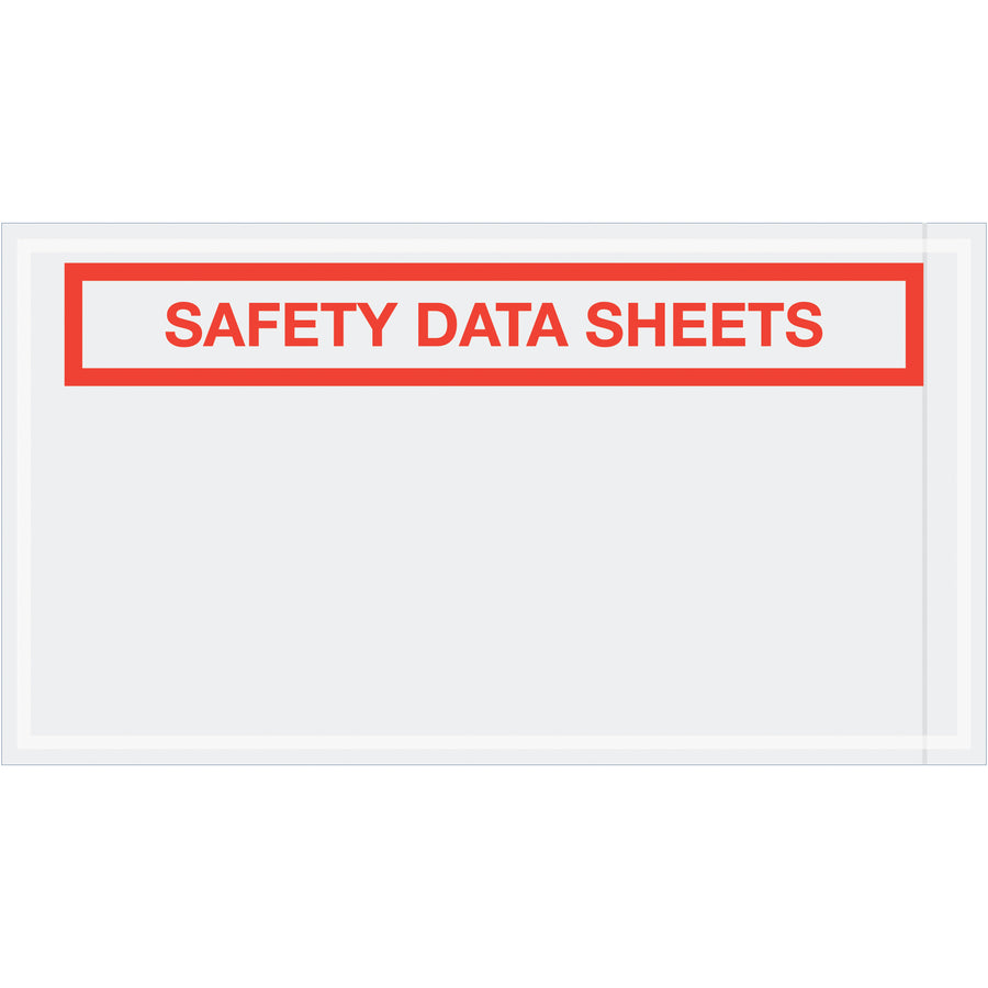 Heavy-duty 2 mil poly SDS envelopes with pre-printed "Safety Data Sheet" text and adhesive backing for secure document containment. 5.5" x 10" size accommodates standard safety data sheets and packing lists. Case of 1000 envelopes provides cost-effective compliance documentation for industrial shipping.