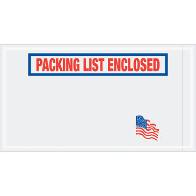 Heavy-duty 5.5x10" packing list enclosed envelopes manufactured from 2 mil poly with patriotic USA flag pre-printing. Hot melt adhesive backing bonds securely to paper and corrugated boxes. Sold by the case (1000 envelopes) for maximum cost efficiency.