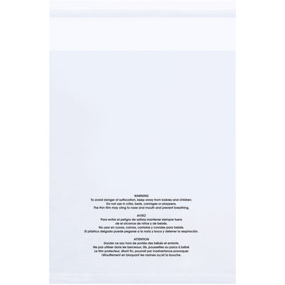 Durable 1.5 mil clear polyethylene bags with pre-printed multilingual suffocation warning labels–meeting all regulatory compliance requirements. 11x14" dimensions in resealable format, sold by the case of 1,000 units. Perfect for food storage, product packaging, and industrial applications where child safety compliance is non-negotiable.