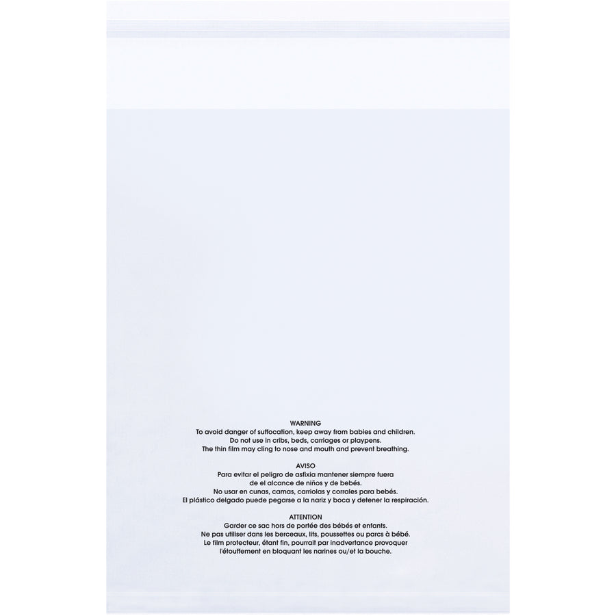 Heavy-duty 22x24" resealable suffocation warning poly bags protect compliance while securing contents. Each case includes 500 bags of 1.5 mil clear polyethylene with peel-and-fold sealing. Multilingual warnings printed in English, Spanish, and French meet federal safety requirements.
