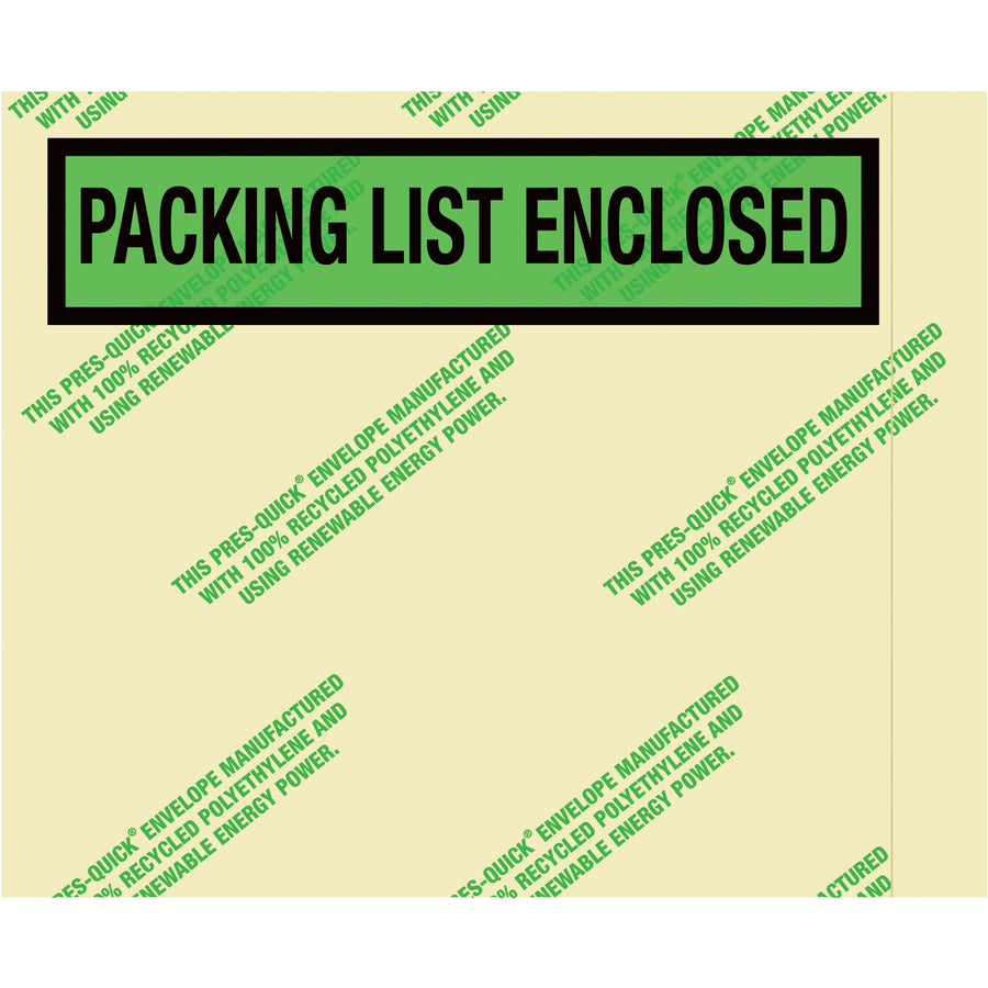Protect your shipping documents with sustainable 4.5x5.5" environmental packing list envelopes made from 100% recycled, green-tinted polyethylene. Hot melt adhesive backing bonds securely to boxes, mailers, and labels. Get 1,000 pre-printed envelopes per case‚manufactured with solar energy and designed for fulfillment operations that value both reliability and sustainability.